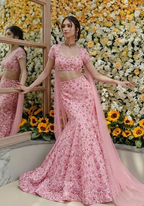 Blush Pink Embroidered Net Lehenga Set