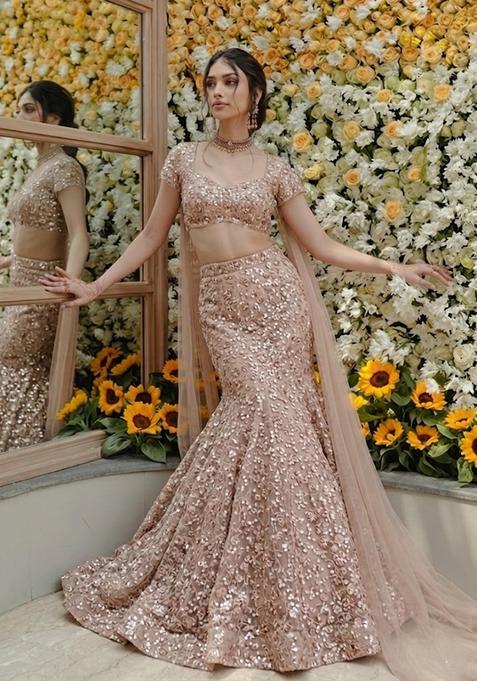 Rose Gold Embroidered Net Lehenga Set