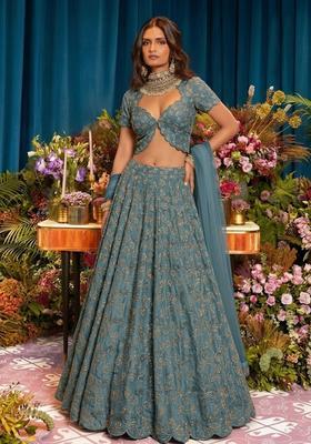 Slate Teal Embroidered Net Lehenga Set