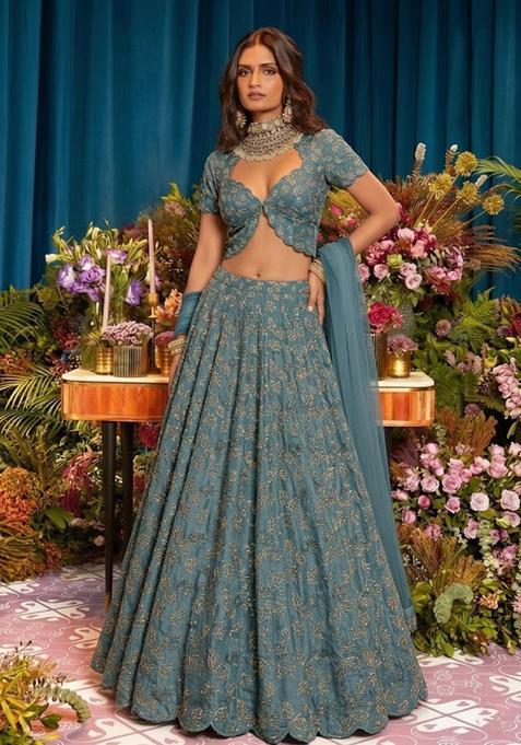 Slate Teal Embroidered Net Lehenga Set