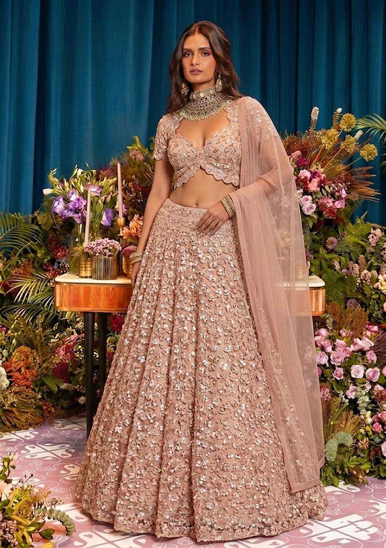 Rose Gold Embroidered Net Lehenga Set - Indya
