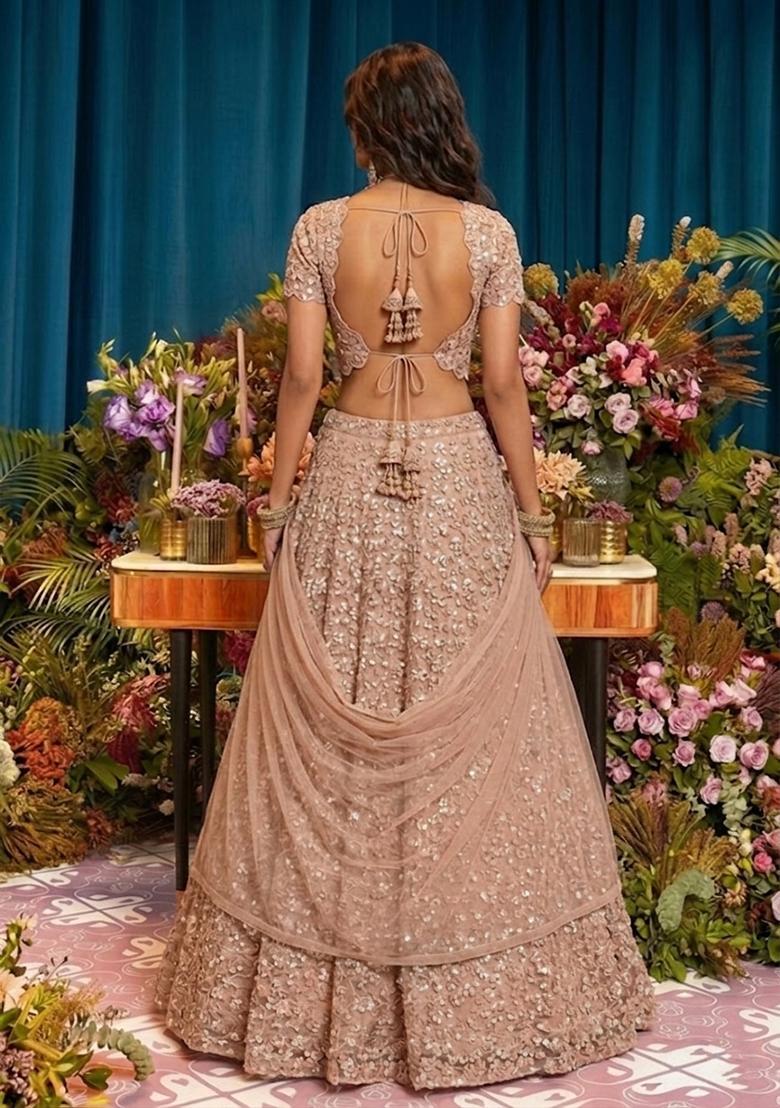 Rose Gold Embroidered Net Lehenga Set - Indya