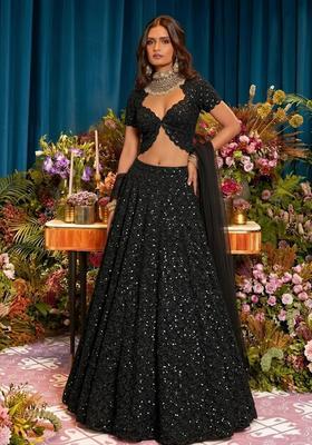 Black Embroidered Net Lehenga Set