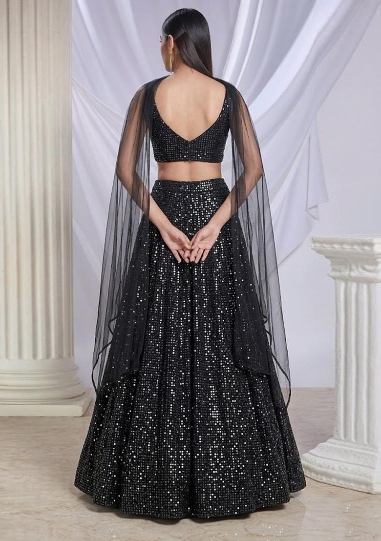 Black Sequin Net Lehenga Set - Indya