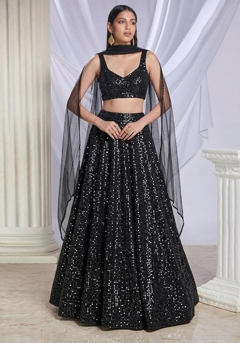 Black Sequin Net Lehenga Set