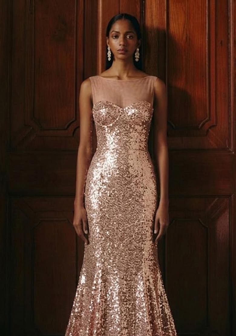Rose Gold Sequin Mesh Lehenga Set - Indya