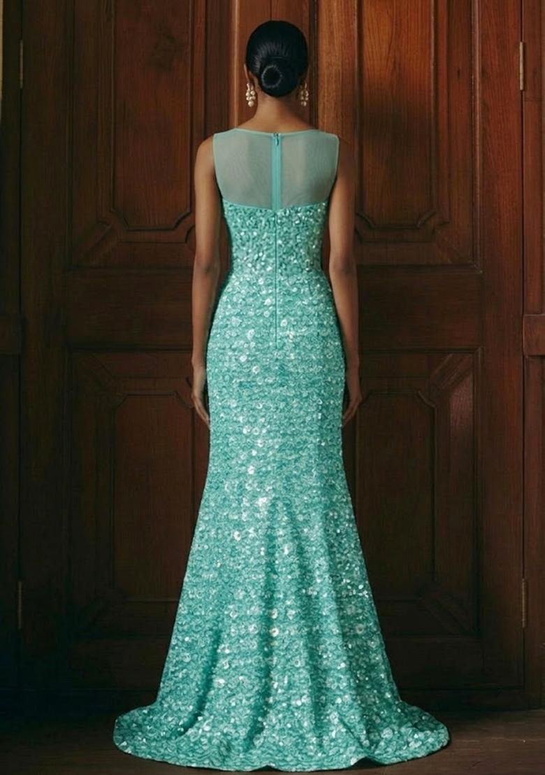 Blue Sequin Mesh Lehenga Set - Indya