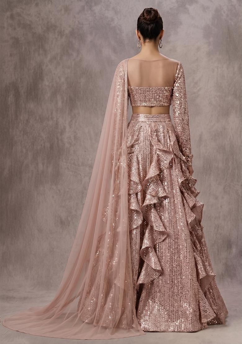 Rose Gold Sequin Mesh Lehenga Set - Indya