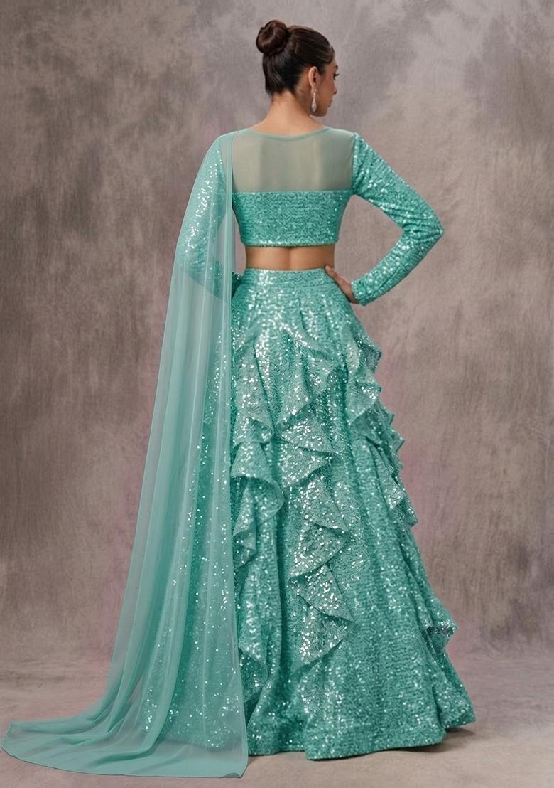 Blue Sequin Mesh Lehenga Set - Indya