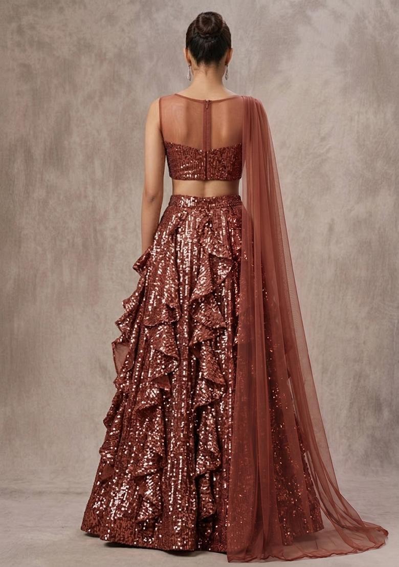Brown Sequin Mesh Lehenga Set - Indya