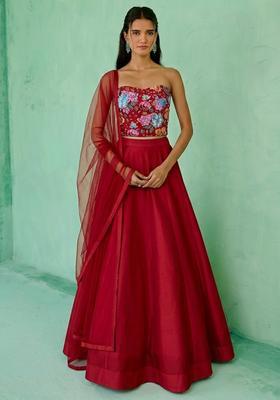 Bright Red Printed Crepe Lehenga Set