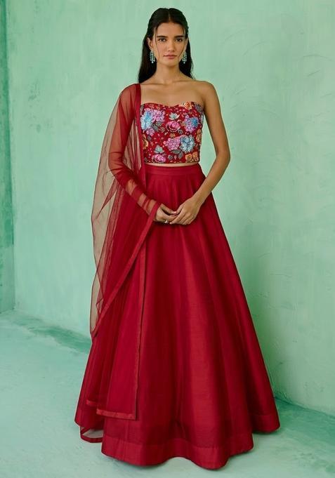 Bright Red Printed Crepe Lehenga Set