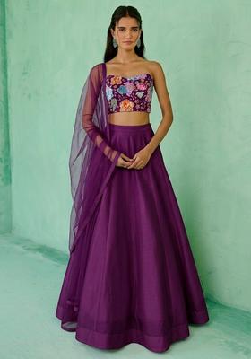 Purple Printed Crepe Lehenga Set