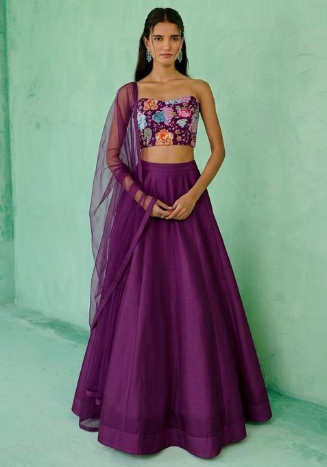 Purple Printed Crepe Lehenga Set