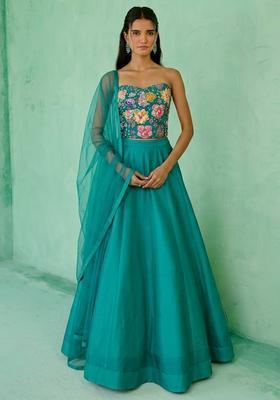 Teal Printed Crepe Lehenga Set