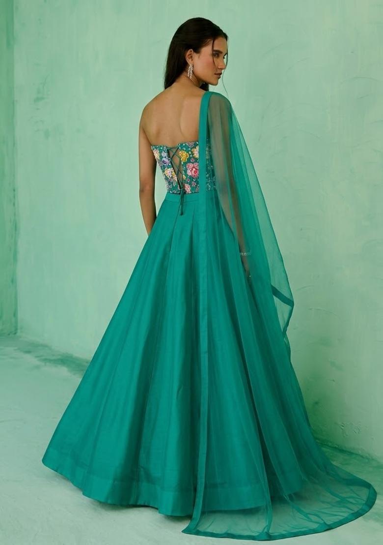 Teal Printed Crepe Lehenga Set - Indya