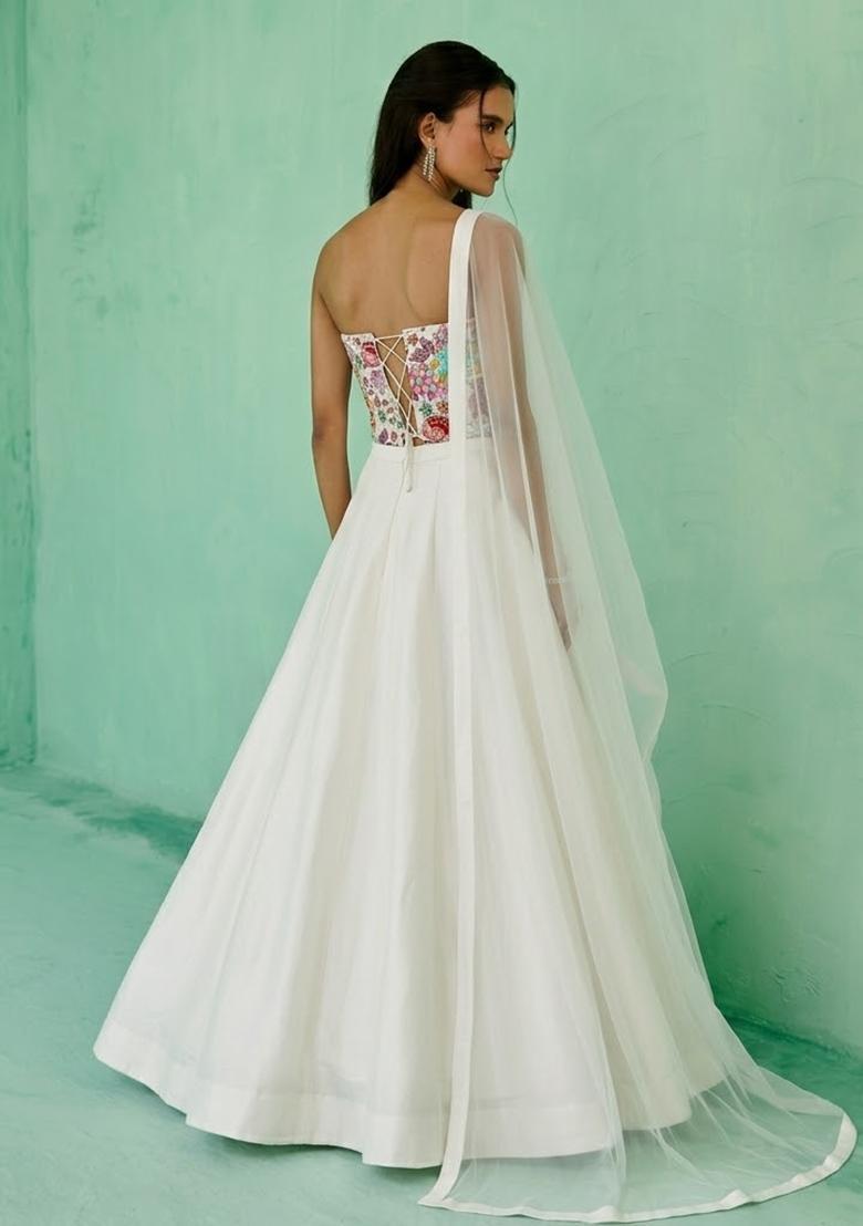 White Printed Crepe Lehenga Set - Indya