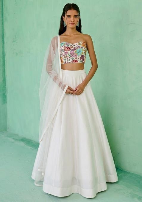 White Printed Crepe Lehenga Set