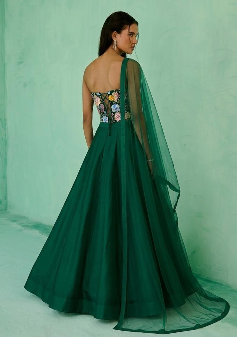 Bottle Green Printed Crepe Lehenga Set - Indya