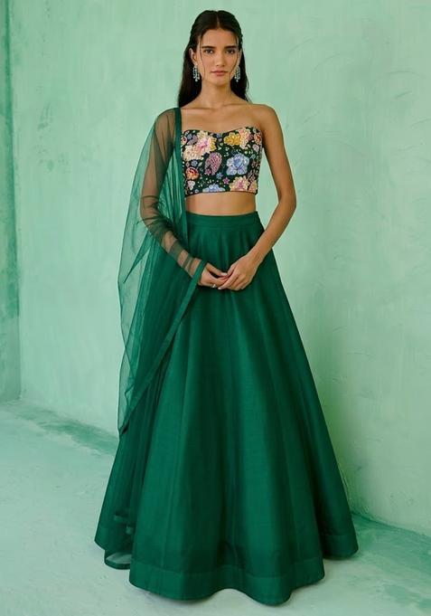 Bottle Green Printed Crepe Lehenga Set
