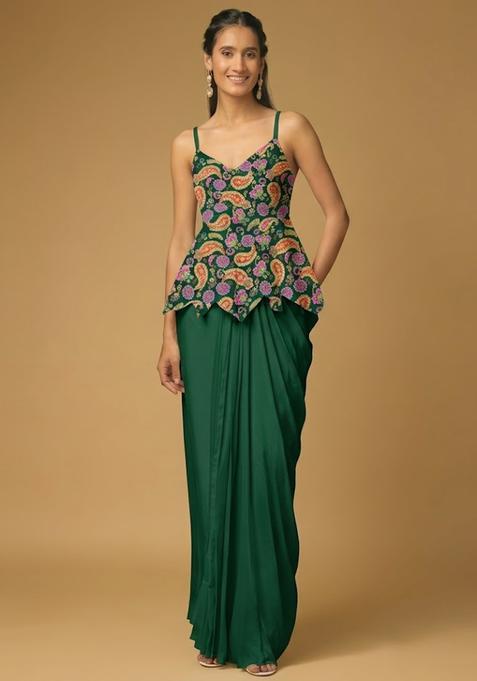 Dark Green Printed Crepe Fusion Set