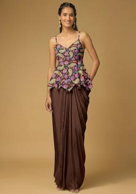 Brown Printed Crepe Fusion Set