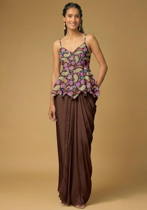 Brown Printed Crepe Fusion Set