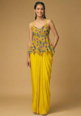 Yellow Printed Crepe Fusion Set