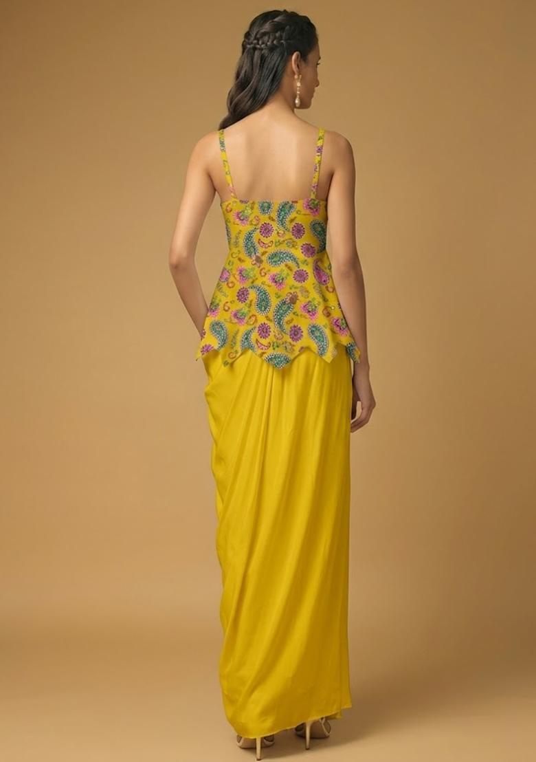 Yellow Printed Crepe Fusion Set - Indya
