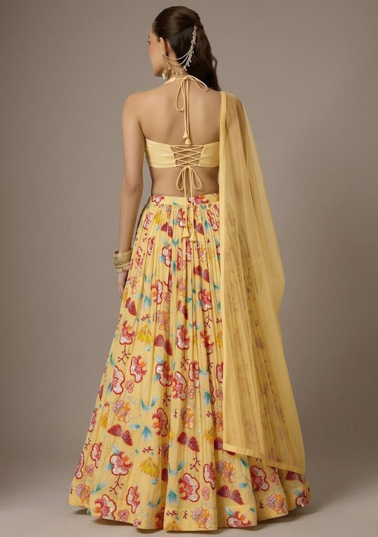Pastel Yellow Printed Chinon Lehenga Set - Indya