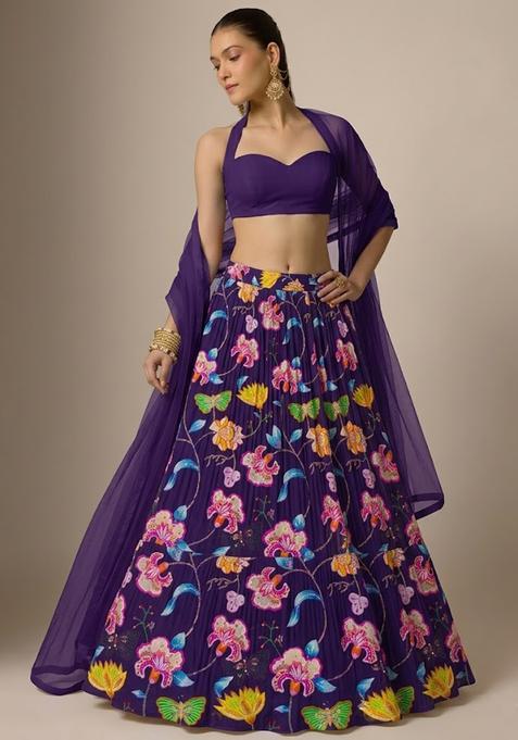 Purple Printed Chinon Lehenga Set