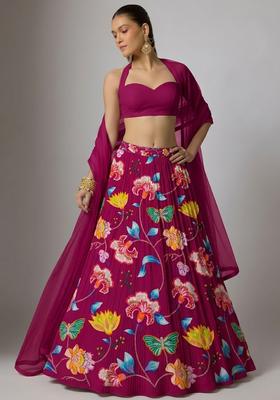 Hot Pink Printed Chinon Lehenga Set