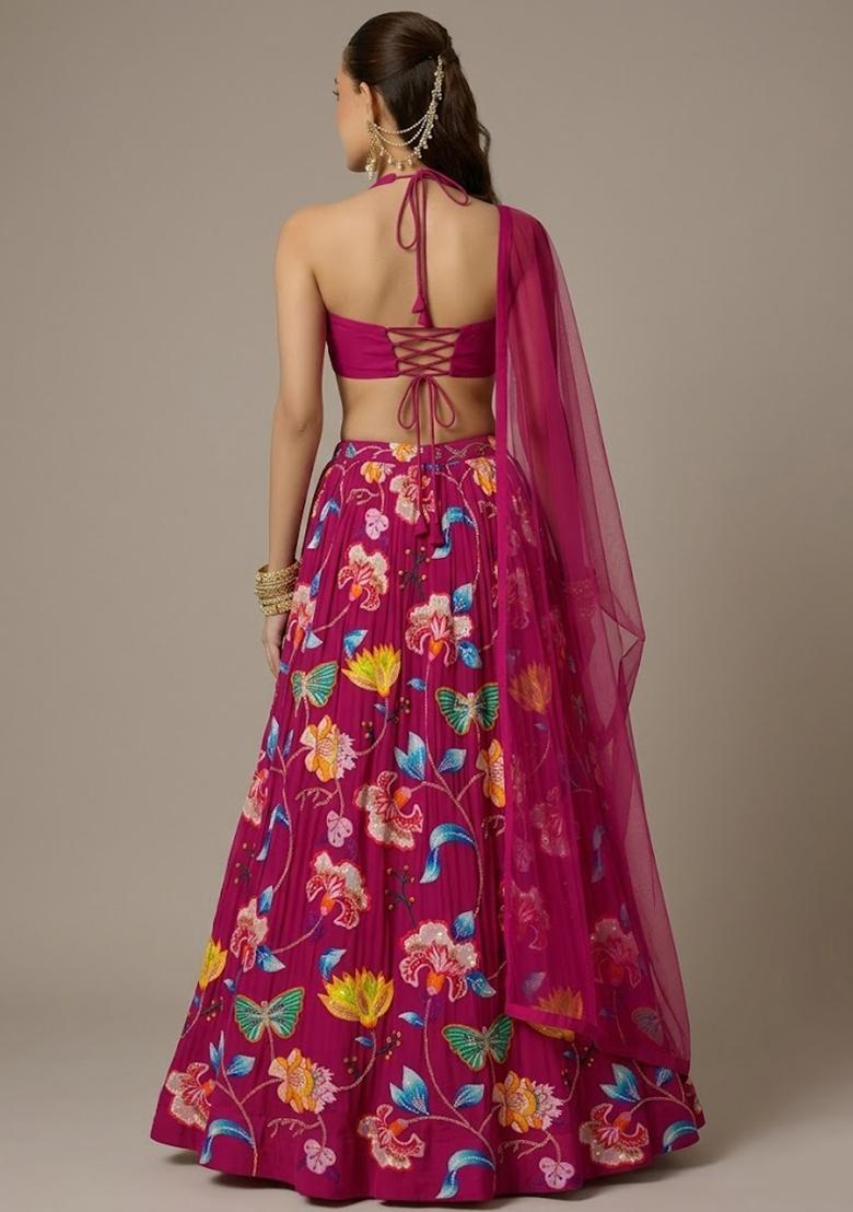 Hot Pink Printed Chinon Lehenga Set - Indya