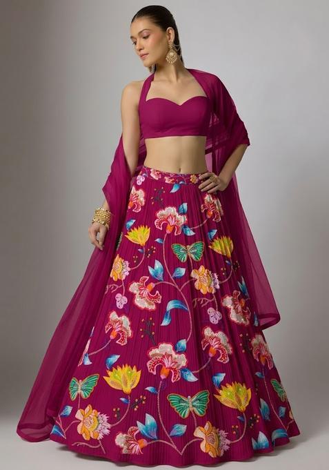 Hot Pink Printed Chinon Lehenga Set