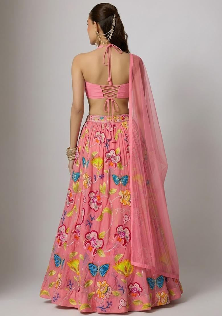 Soft Pink Printed Chinon Lehenga Set - Indya