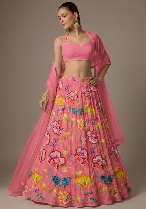 Soft Pink Printed Chinon Lehenga Set