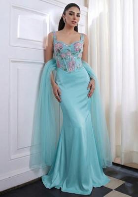 Aqua Blue Printed Organza Lehenga Set
