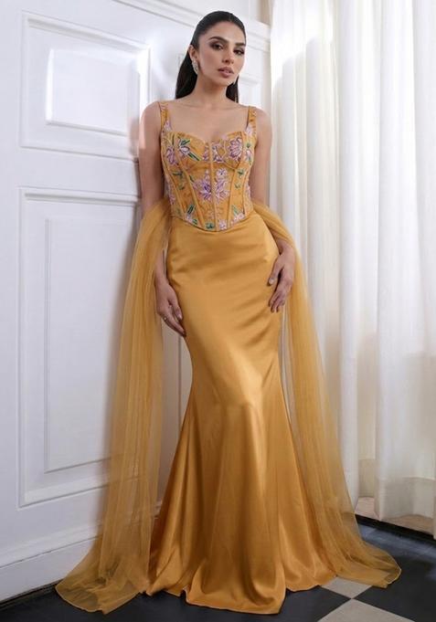 Gold Printed Organza Lehenga Set