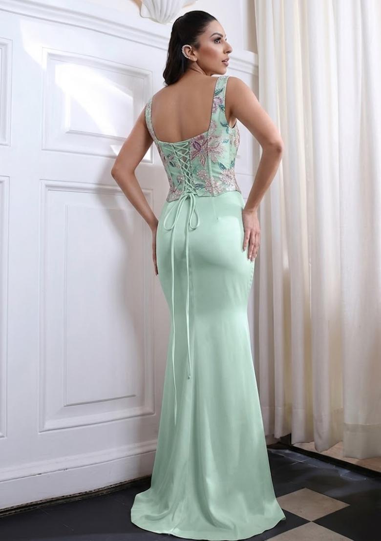 Mint Green Printed Organza Lehenga Set - Indya