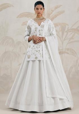 White Embroidered Silk Lehenga Set