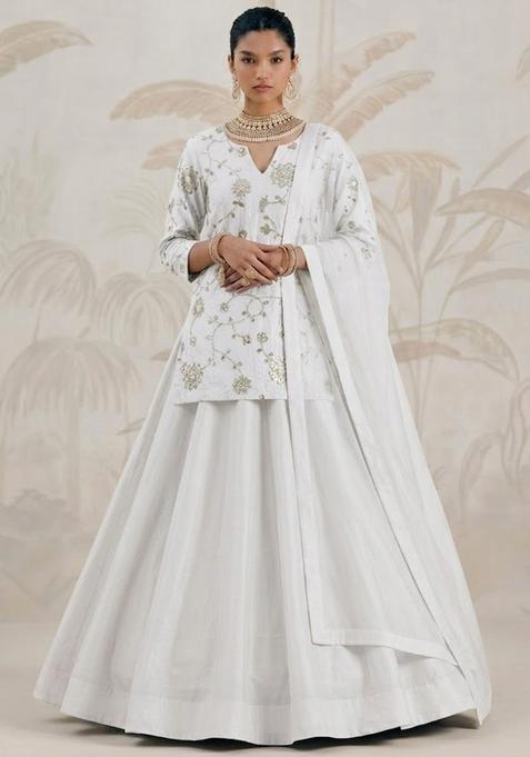 White Embroidered Silk Lehenga Set