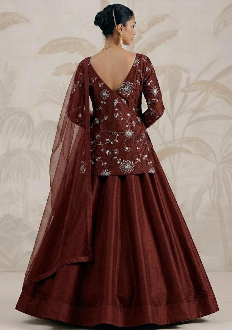 Brown Embroidered Silk Lehenga Set - Indya