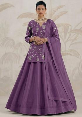Purple Embroidered Silk Lehenga Set