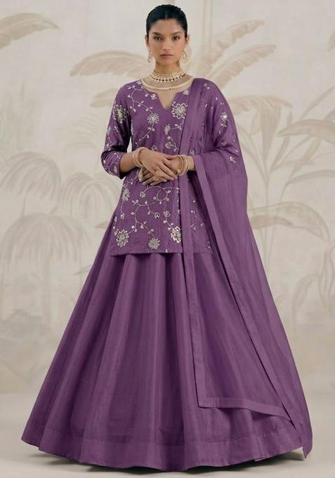 Purple Embroidered Silk Lehenga Set