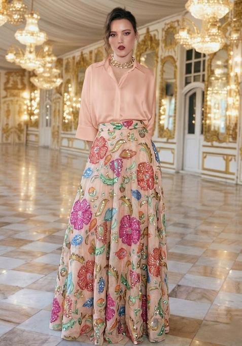 Peach Pink Printed Lehenga Set