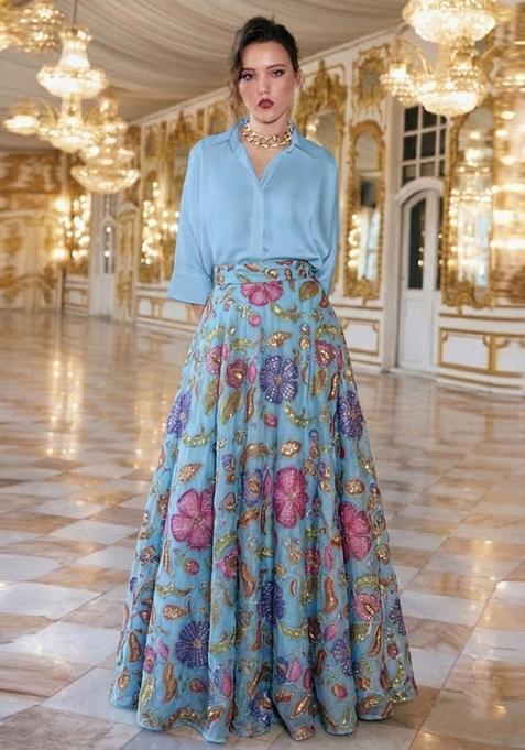 Light Blue Printed Lehenga Set