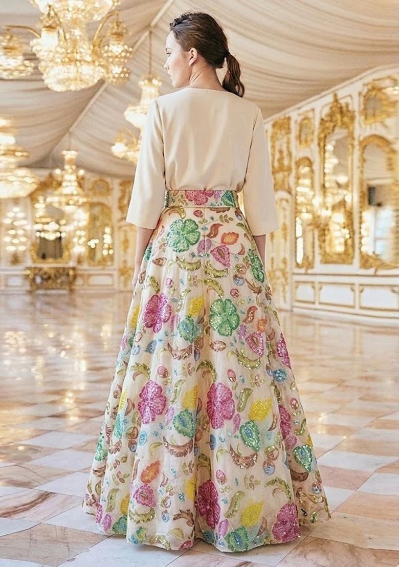 Beige Printed Lehenga Set - Indya