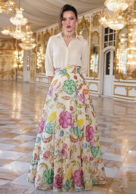 Beige Printed Lehenga Set