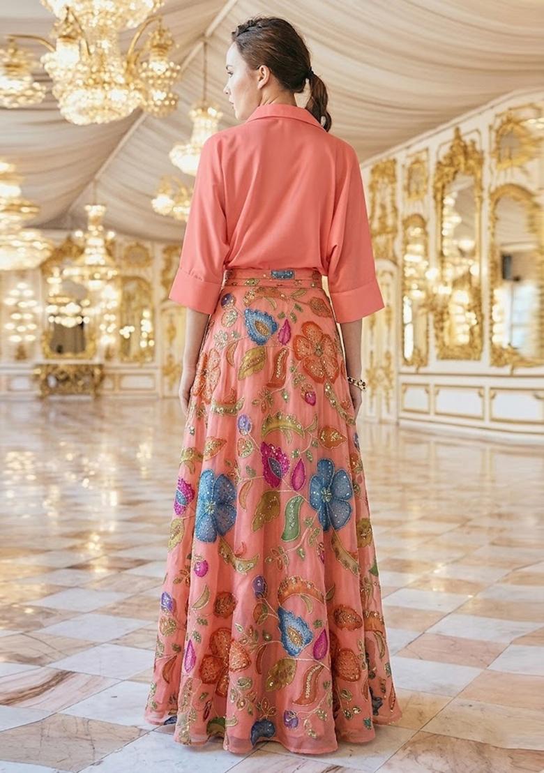Peach Printed Lehenga Set - Indya