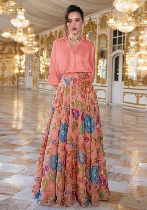 Peach Printed Lehenga Set